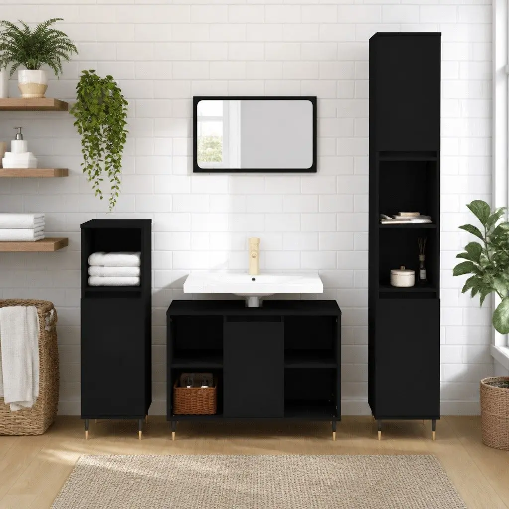 Black Bathroom Cabinet with Compartment Storage 30x30x100 cm