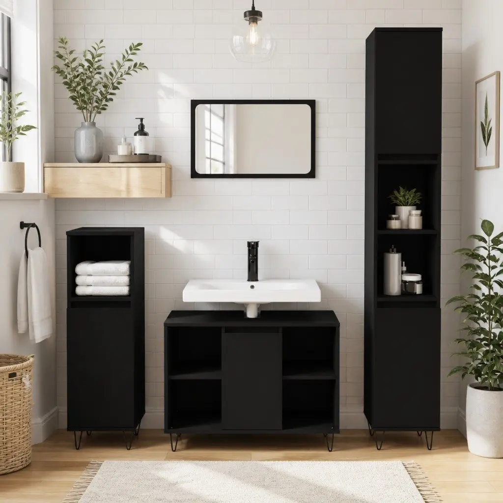 Black Bathroom Cabinet 30x30x100 cm with Shelves