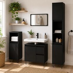 Black Bathroom Cabinet Engineered Wood Storage Unit with Drawers Door