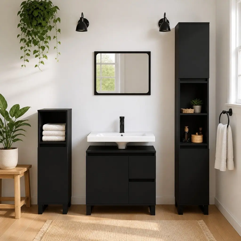 Black Bathroom Cabinet 65x33x60 cm with Drawers