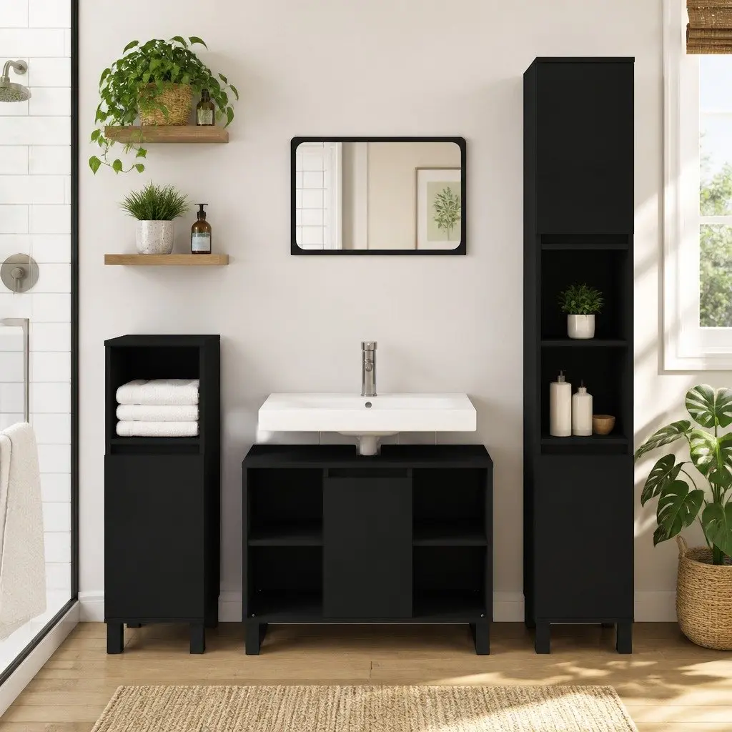 Engineered Wood Bathroom Vanity Cabinet with Storage, Black