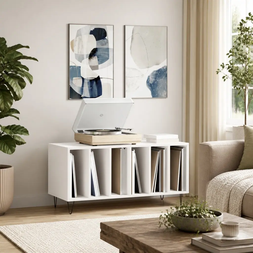 White Record Cabinet for Vinyl LPs with Engineered Wood