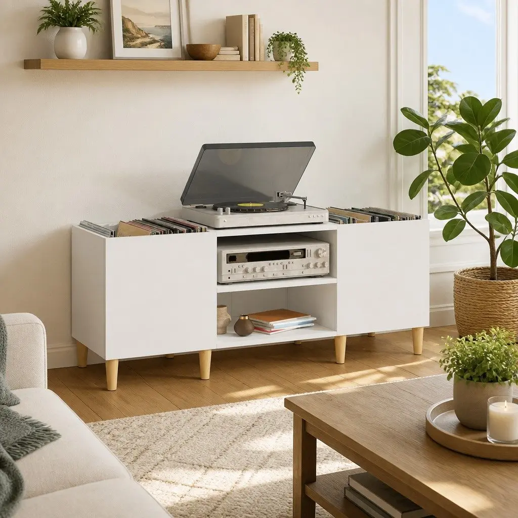 White Record Storage Cabinet 121x38x48cm