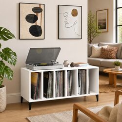 Stylish White Engineered Wood Record Cabinet with Metal Legs
