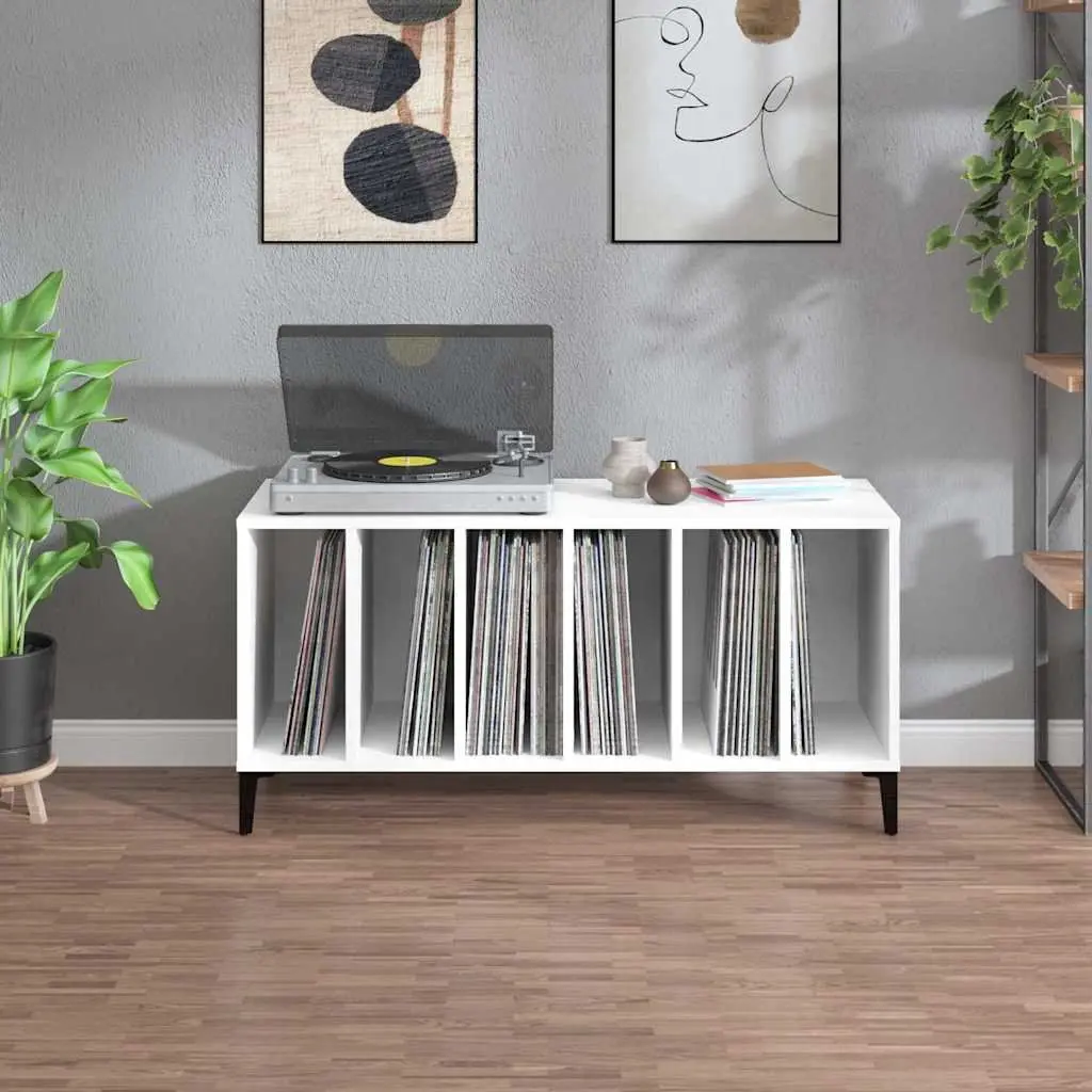 White Engineered Wood Record Cabinet with Metal Legs