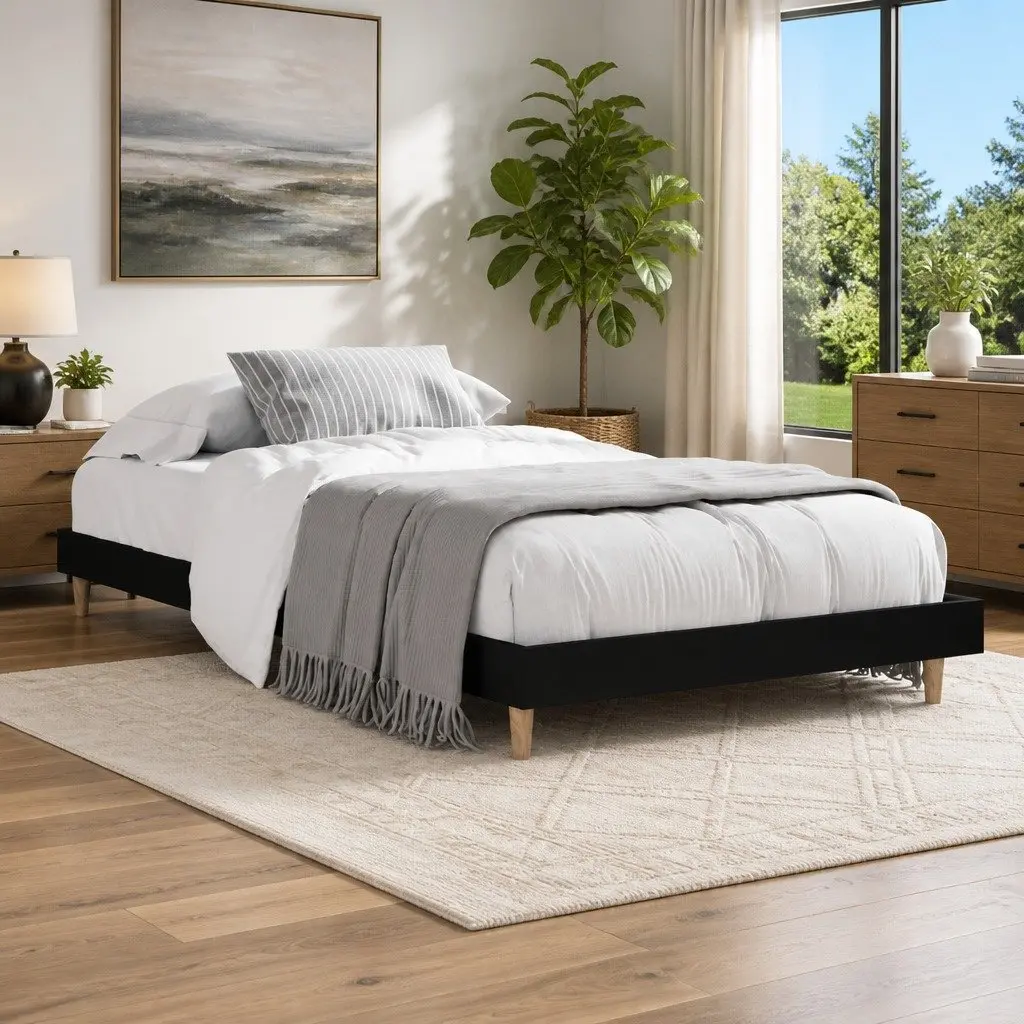 Bed Frame Engineered Wood 90x190 cm Black Wooden Legs Slats