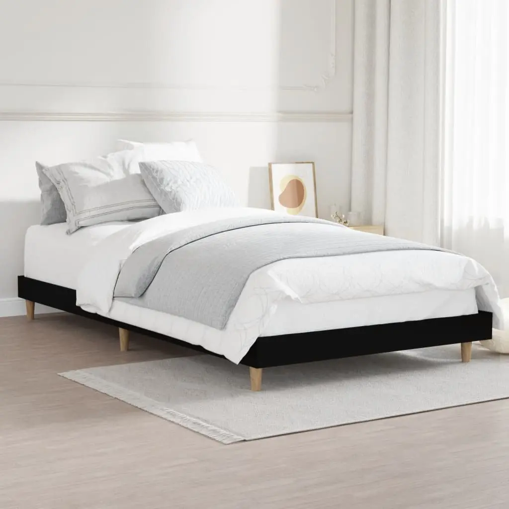 Bed Frame Engineered Wood 90x190 cm Black Wooden Legs Slats