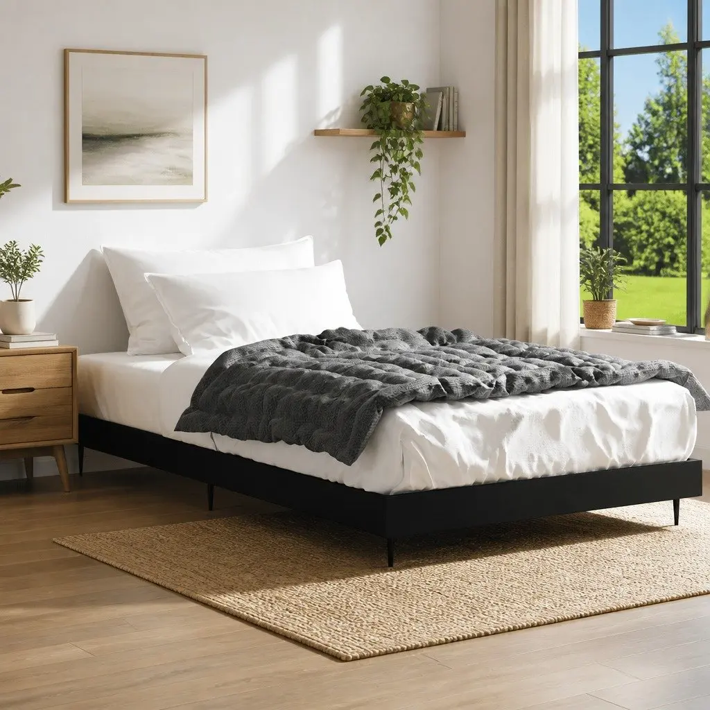 Bed Frame Engineered Wood 90x190 cm Black Slatted Base Metal Legs