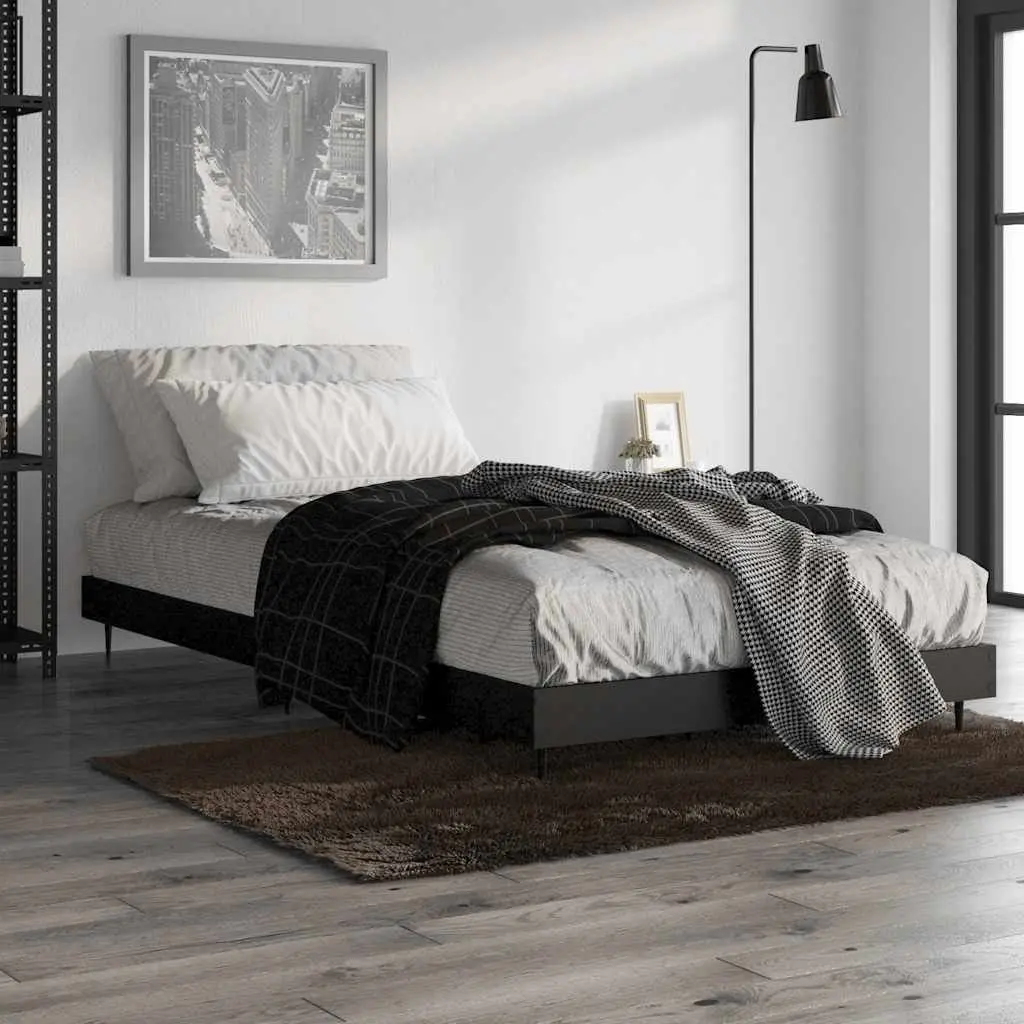 Bed Frame Engineered Wood 90x190 cm Black Slatted Base Metal Legs