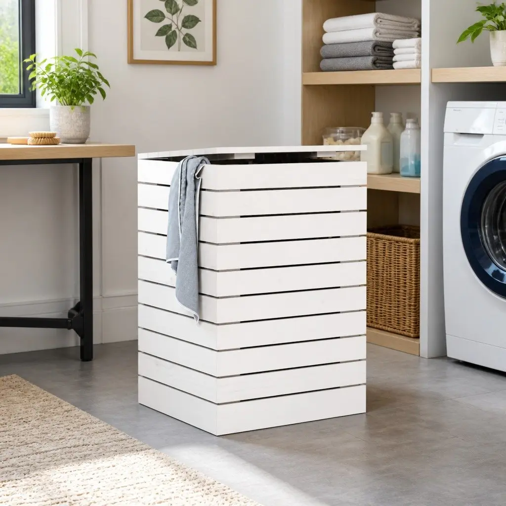 Solid Wood Pine Laundry Basket for Linen Storage