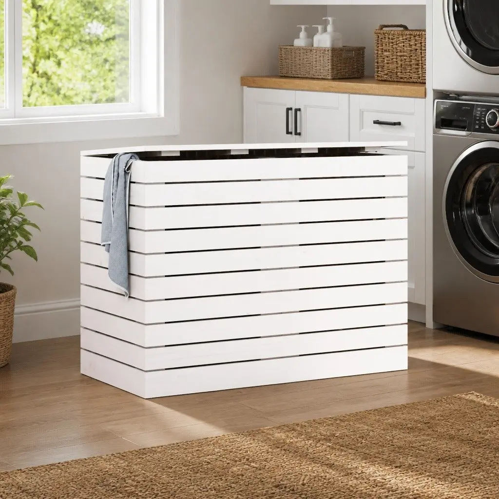 Solid Pine Wood Laundry Basket with Lid for Storage