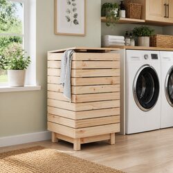 Solid Wood Pine Laundry Basket with Lid - 44x44x76 cm