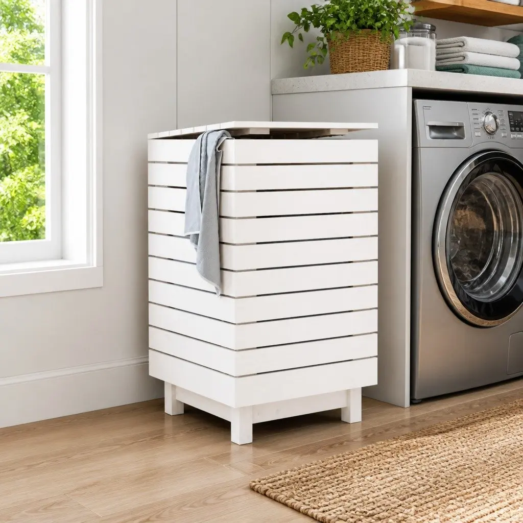 Laundry Basket White Solid Wood Pine Storage Bin with Lid Household Hamper