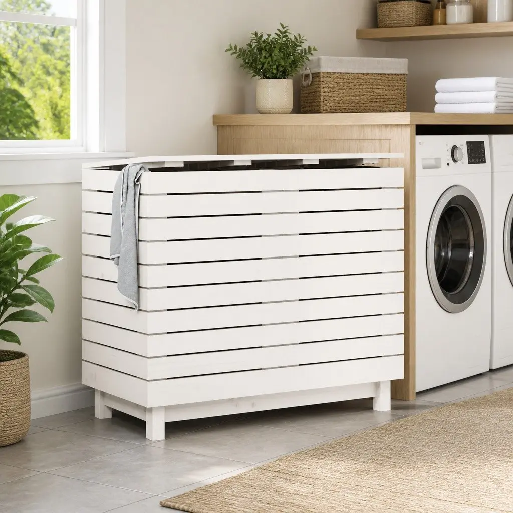 White Wooden Laundry Basket with Lid for Home