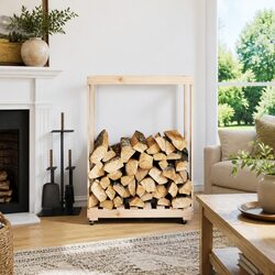 Brown Wooden Log Holder with Wheels for Firewood Storage