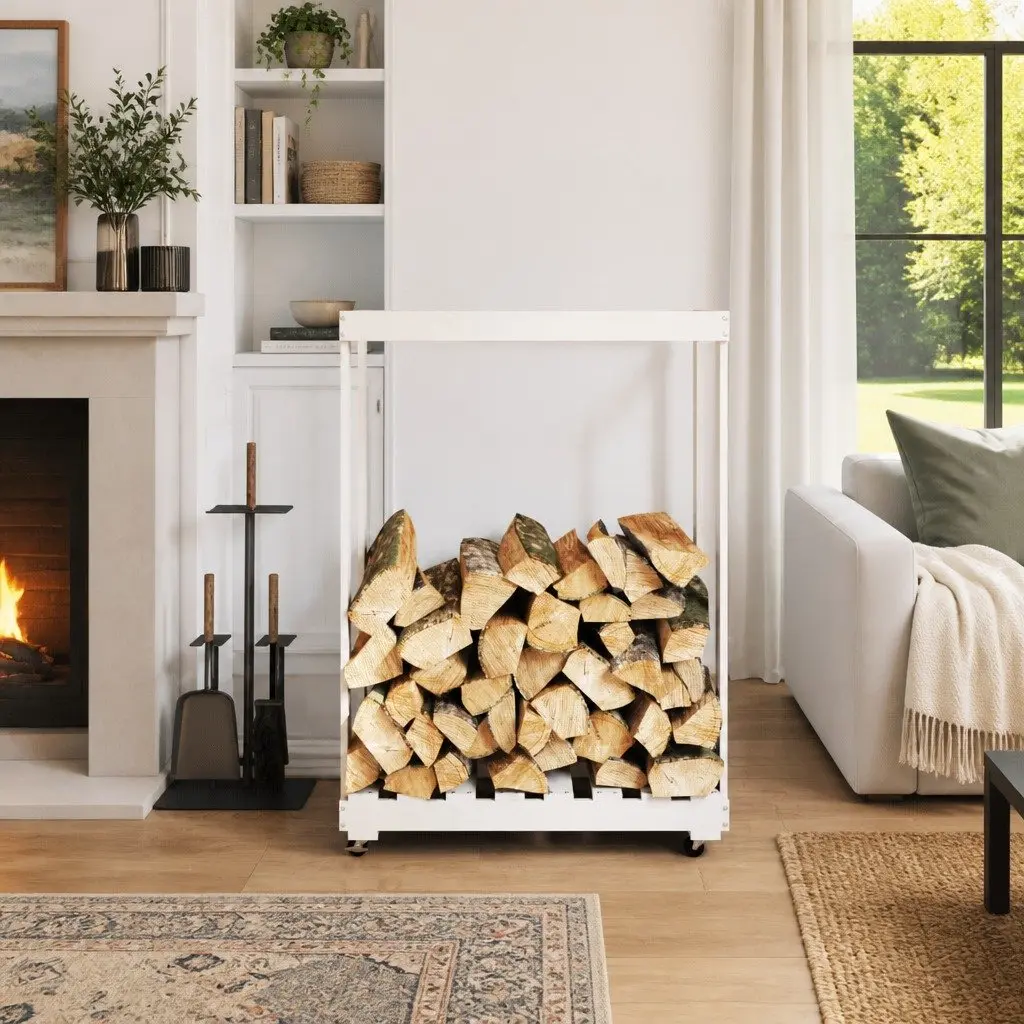 Wooden Log Holder with Wheels for Firewood Storage