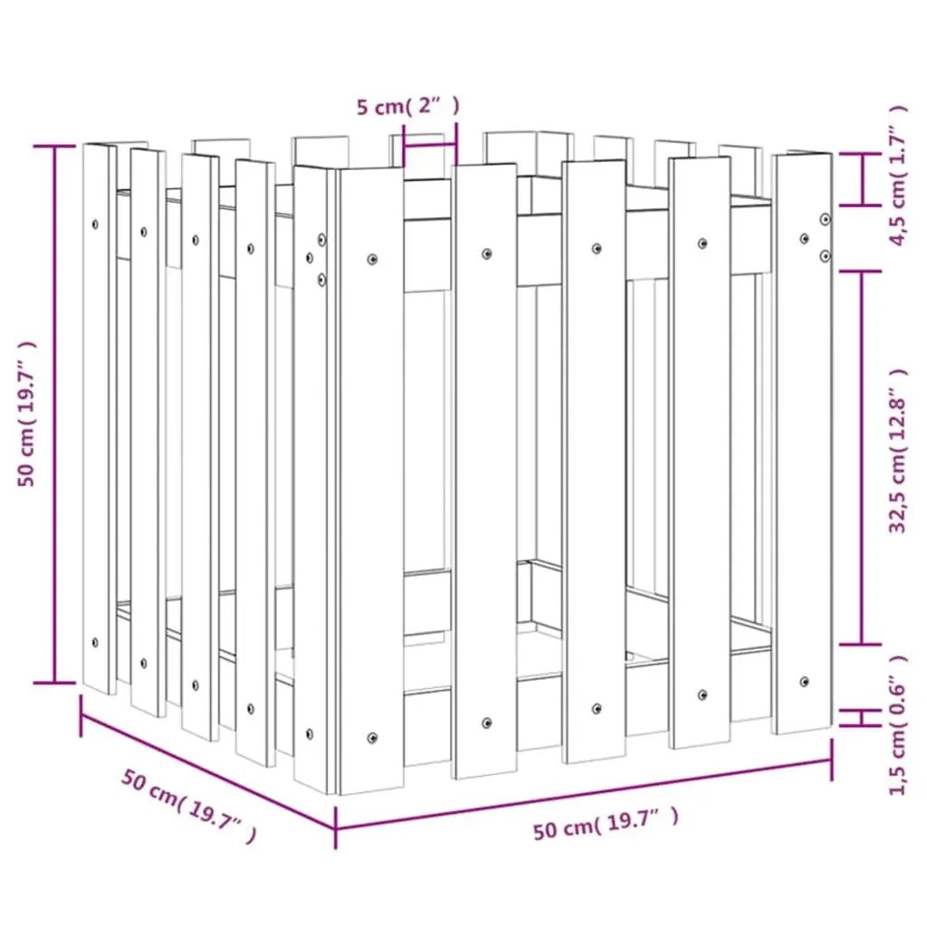 Wooden Garden Planter with Fence Design Black 50x50x50cm Deep Plant Box Outdoor
