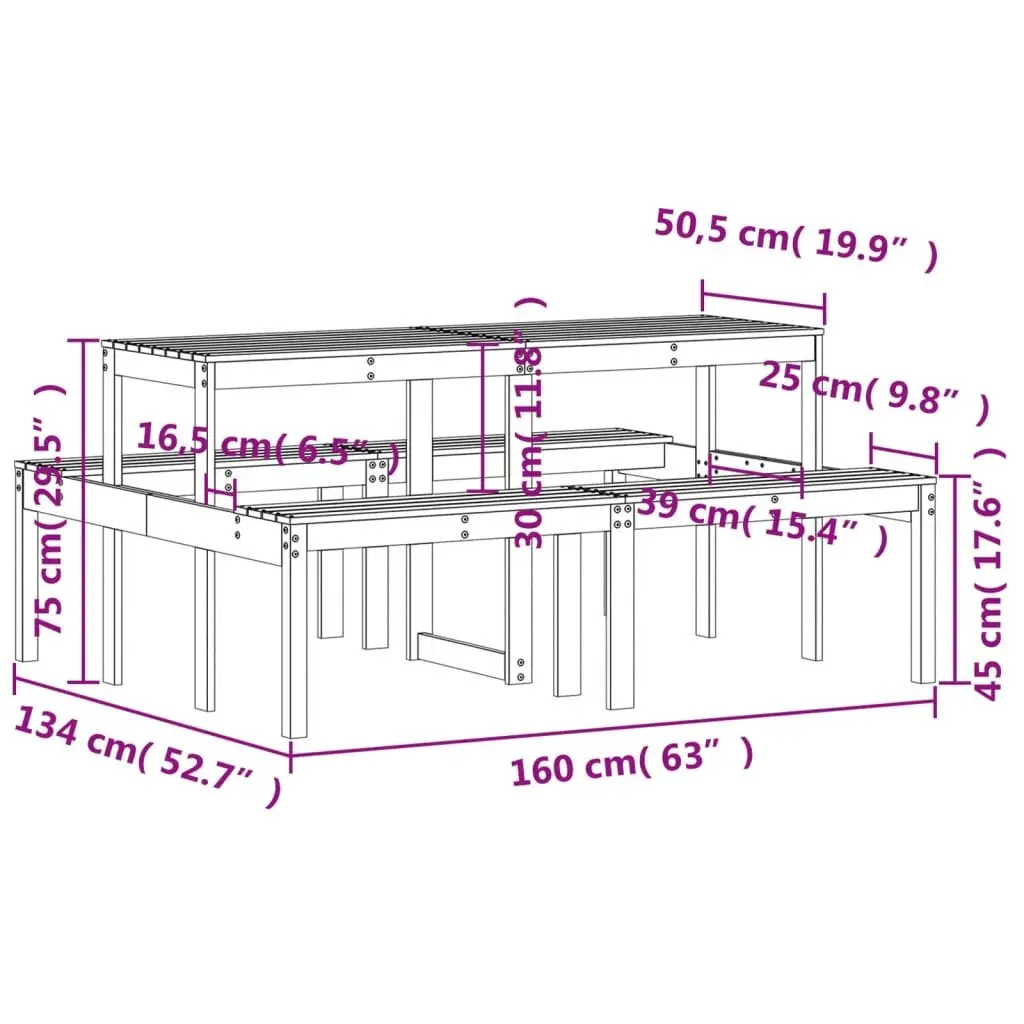 Picnic Table 160x134x75 cm Outdoor Garden Dining Bench Solid Wood Pine Brown