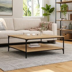 Sturdy Brown Coffee Table with Storage Shelves