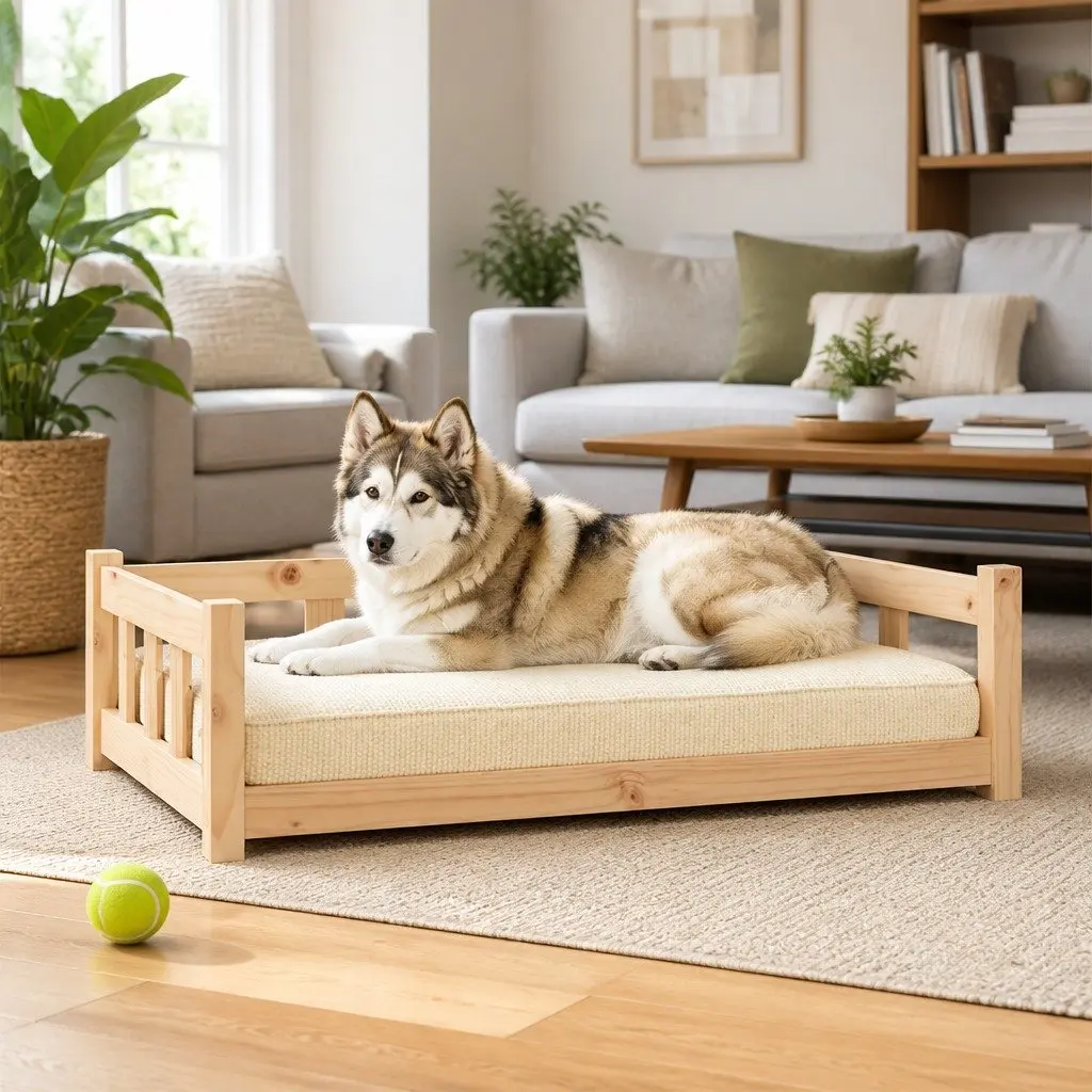 Rectangular Dog Bed 105.5x75.5x28 cm with Wooden Frame