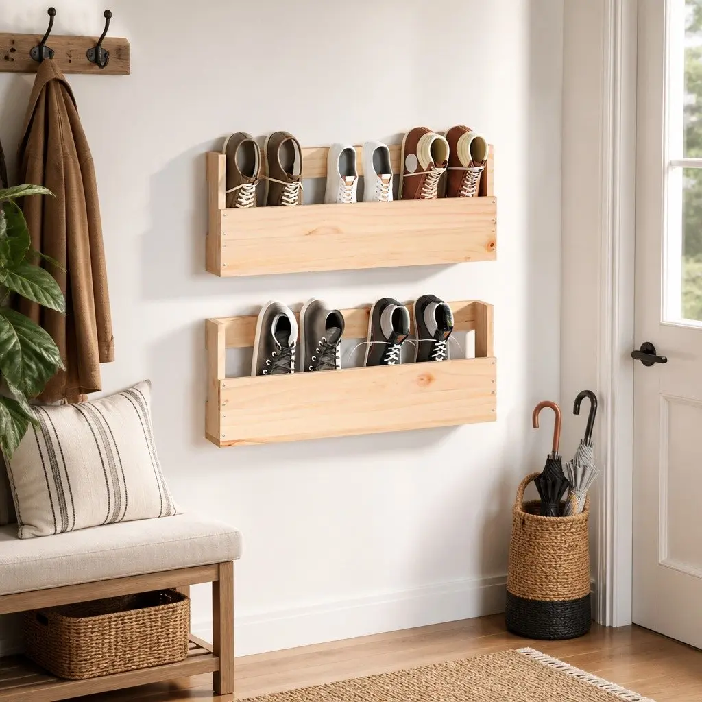 Solid Pine Wood Wall-Mounted Shoe Rack in Brown 59x9x23cm