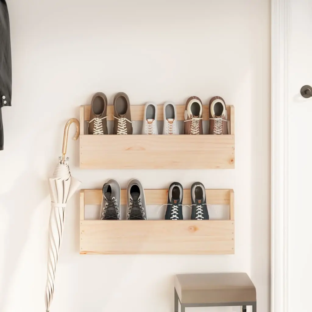 Solid Pine Wood Wall-Mounted Shoe Rack in Brown 59x9x23cm
