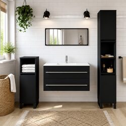 Durable Black Engineered Wood Bathroom Cabinet with Mirror