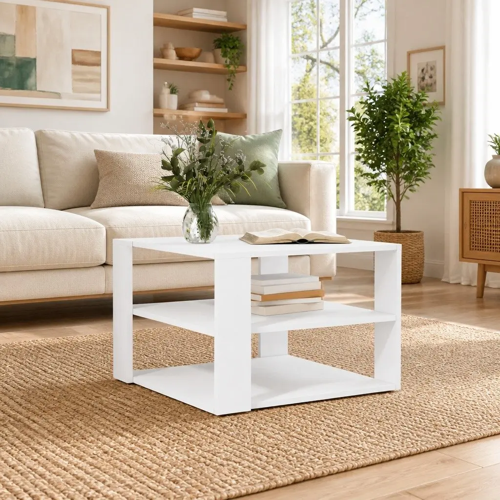 White Coffee Table with 3-Tier Open Shelf