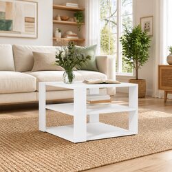 Sturdy White Coffee Table with 3-Tier Open Shelf