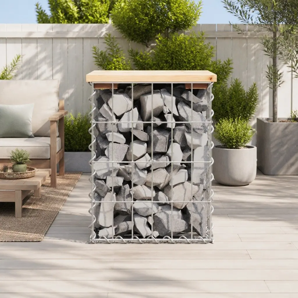Solid Wood Garden Bench with Gabion Base