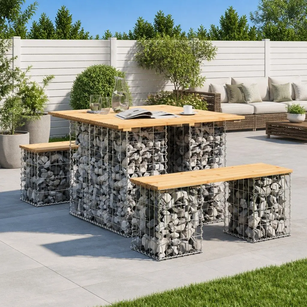 Solid Pinewood Garden Table with Gabion Base for Outdoors