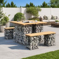 Solid Pinewood Garden Table with Gabion Base for Outdoors