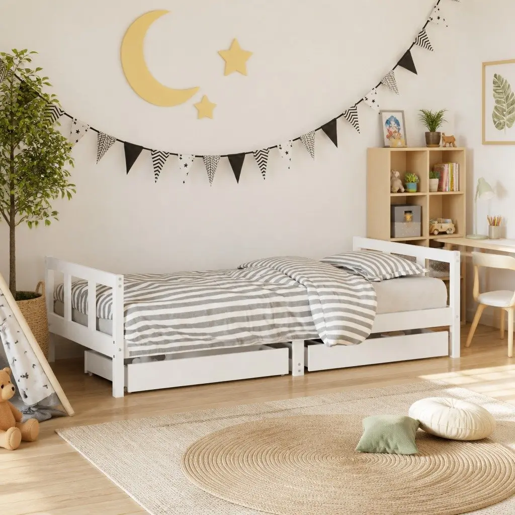 Solid Wood Kids Bed Frame with Storage Drawers White 90x190 cm