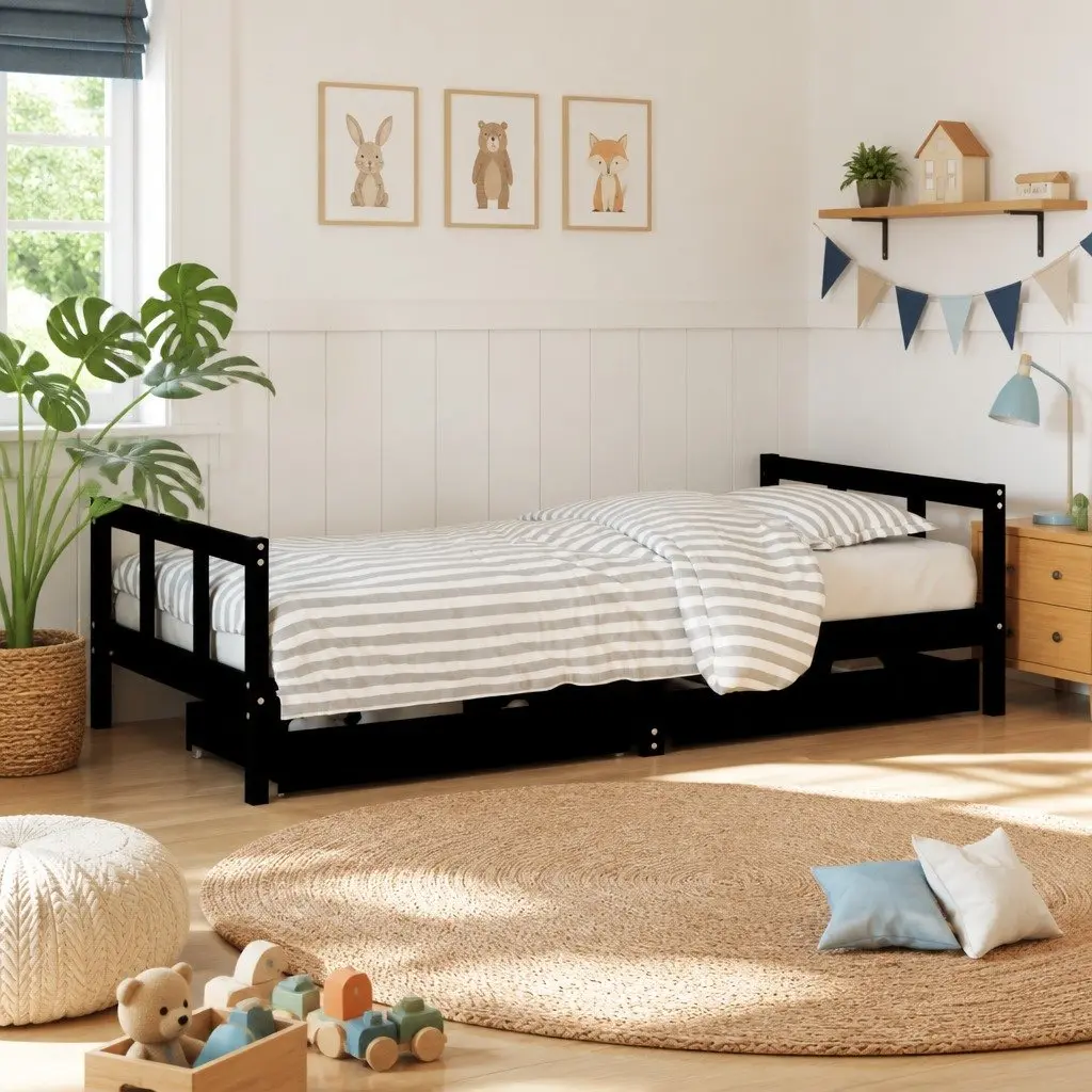 Kids Bed Frame with Storage Drawers Low Height Single Bed Black 90x190cm
