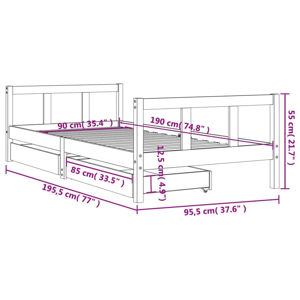 Kids Bed Frame with Storage Drawers Low Height Single Bed Black 90x190cm