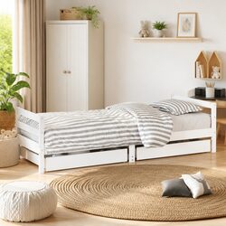 Sturdy Kids Bed Frame with Storage Drawers - White
