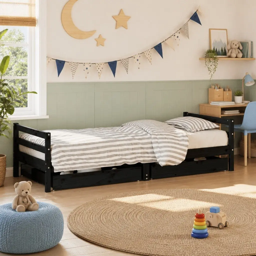 Solid Pine Wood Kids Bed Frame with Storage Drawers 90x190 cm