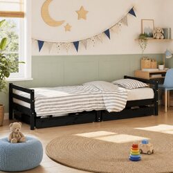 Solid Pine Wood Kids Bed Frame with Storage Drawers 90x190 cm