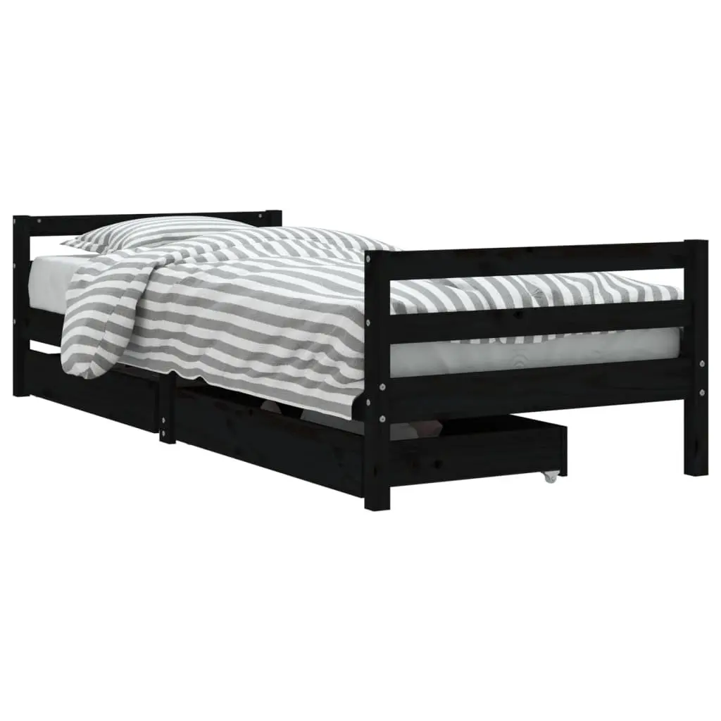 Kids Bed Frame Solid Pine Wood 90x190 cm Black with Storage Drawers
