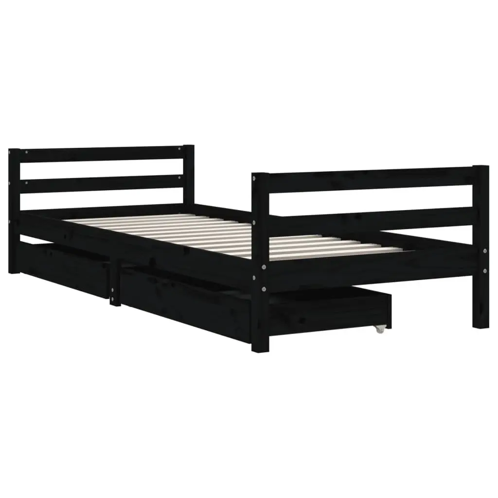 Kids Bed Frame Solid Pine Wood 90x190 cm Black with Storage Drawers