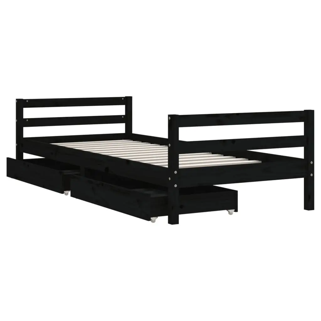 Kids Bed Frame Solid Pine Wood 90x190 cm Black with Storage Drawers