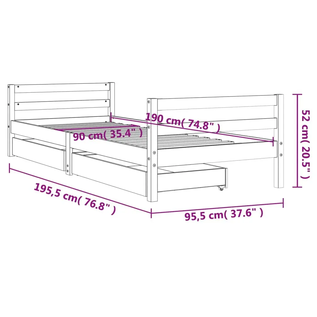 Kids Bed Frame Solid Pine Wood 90x190 cm Black with Storage Drawers