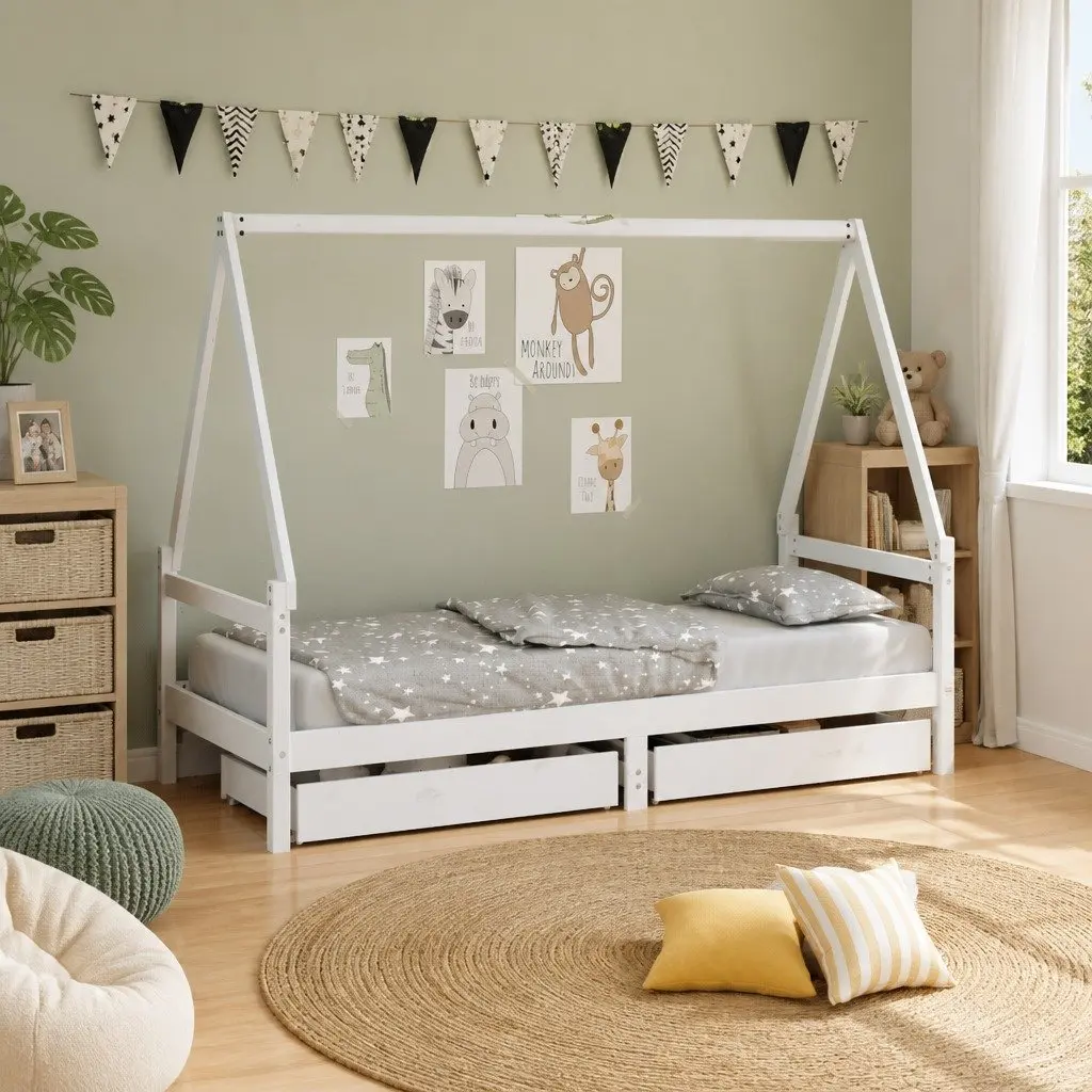 Kids Bed Frame with Storage Drawers House Design White Solid Wood Single Bed