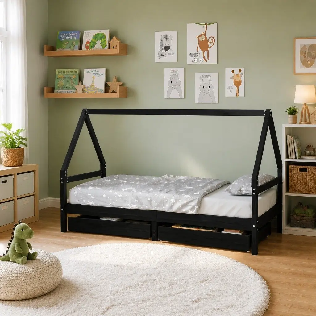 Solid Pine Wood Kids Bed Frame with Storage Drawers