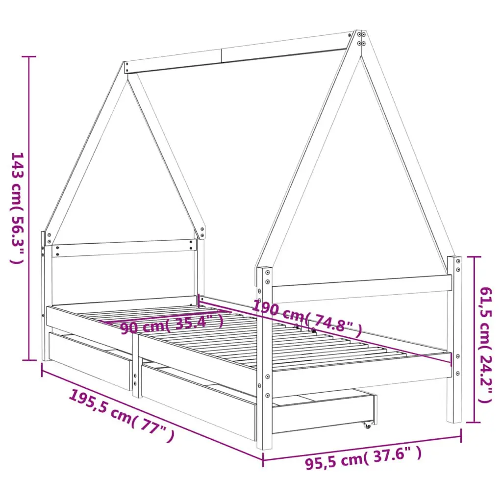 Kids Bed Frame Solid Pine Wood 90x190cm Black