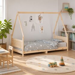 Solid Wood Kids Bed Frame 90x190 cm with House Design