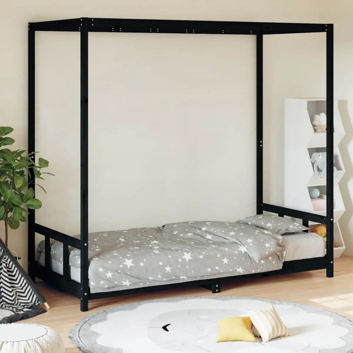 Kids Bed Frame Black 90x190 cm Wooden Slats Canopy Toddler Single Bed