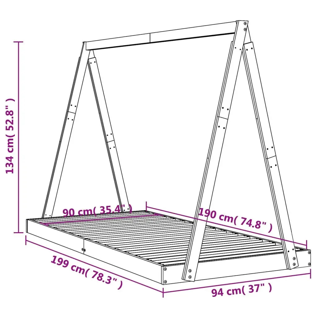 Kids Bed Frame Solid Pine Wood 90x190 cm White Tipi Style