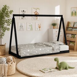Pine Toddler Bed Frame 90x190cm Black Tipi Design for Kids