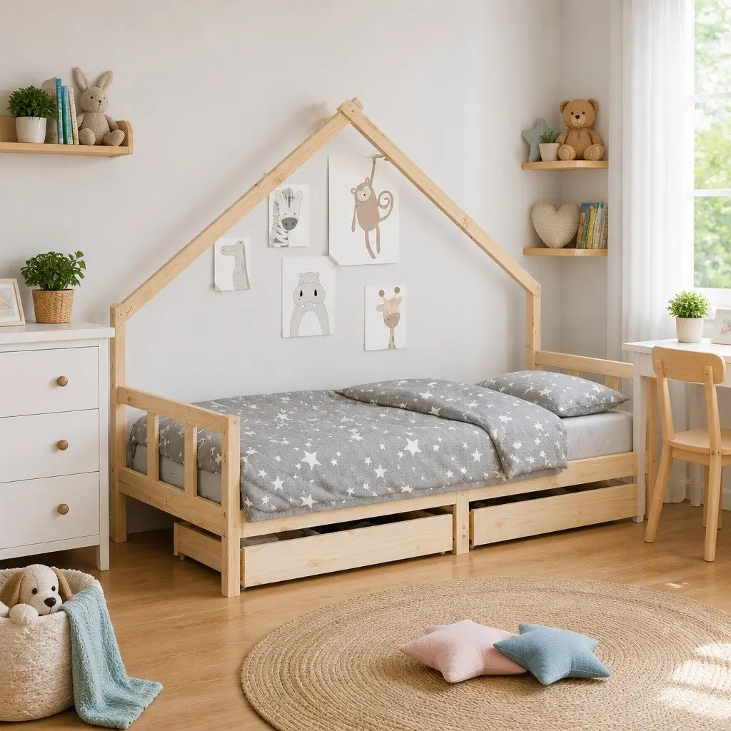 Solid Pine Wood Kids Bed Frame with Storage Drawers 90x190 cm